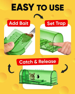 Humane No Kill Live Catch and Release Mouse Traps, Reusable with Cleaning Brush - 4 Pack