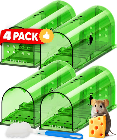 Image of Humane No Kill Live Catch and Release Mouse Traps, Reusable with Cleaning Brush - 4 Pack