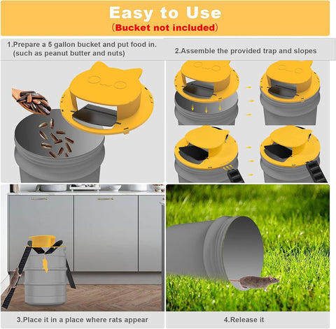 Image of Bucket Mouse Trap Flip Lid Indoor for Home Humane Rat Trap Slope Mouse Slide Trap Automatically Resets Live Mouse Trap Door Style, Compatible with 5 Gallon Bucket, Cat Style